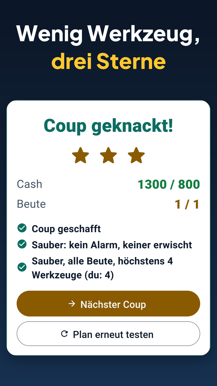 Ergebnis eines Heists in CaperGrid mit drei Sternen