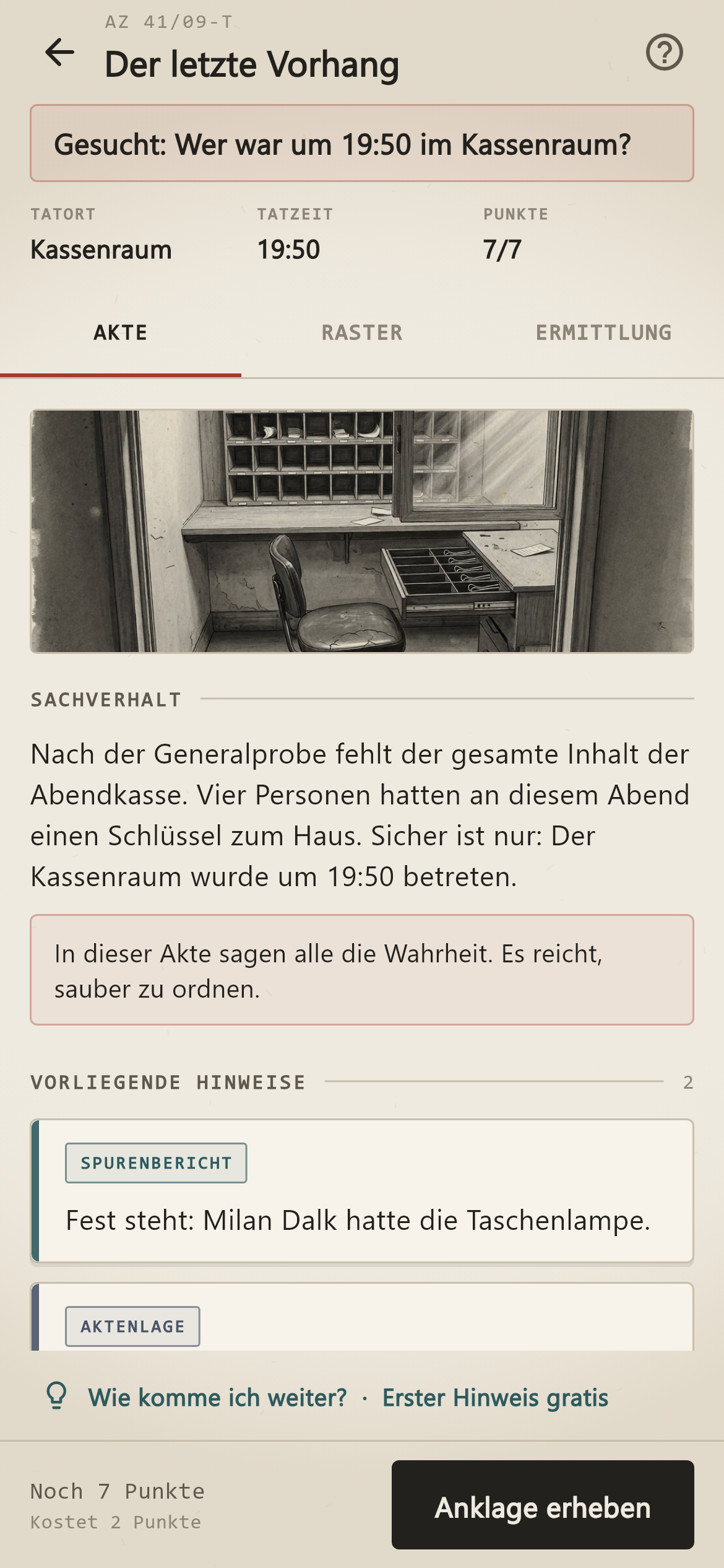 Fallakte im Detektivspiel Indizio