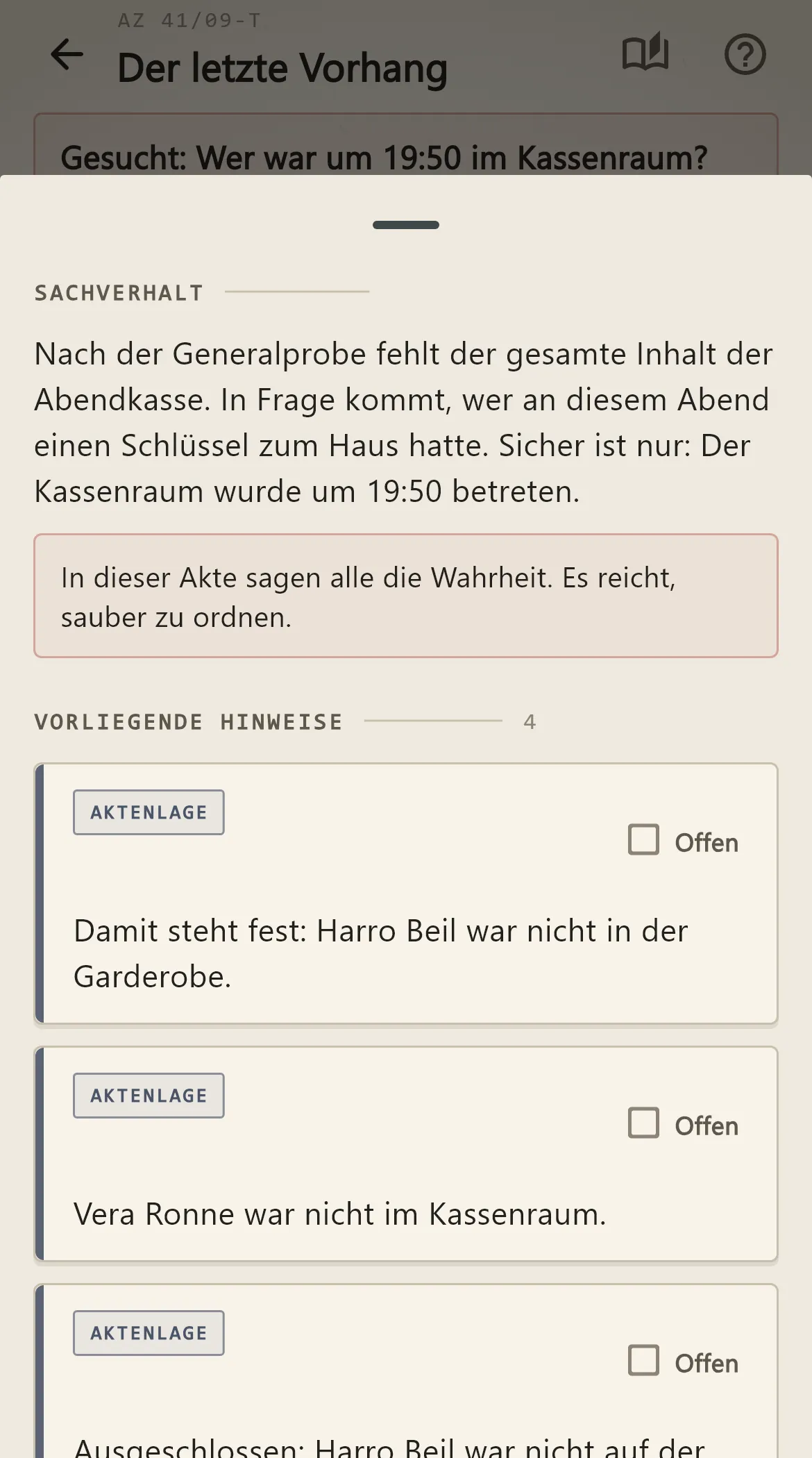 Fallakte im Detektivspiel Indizio