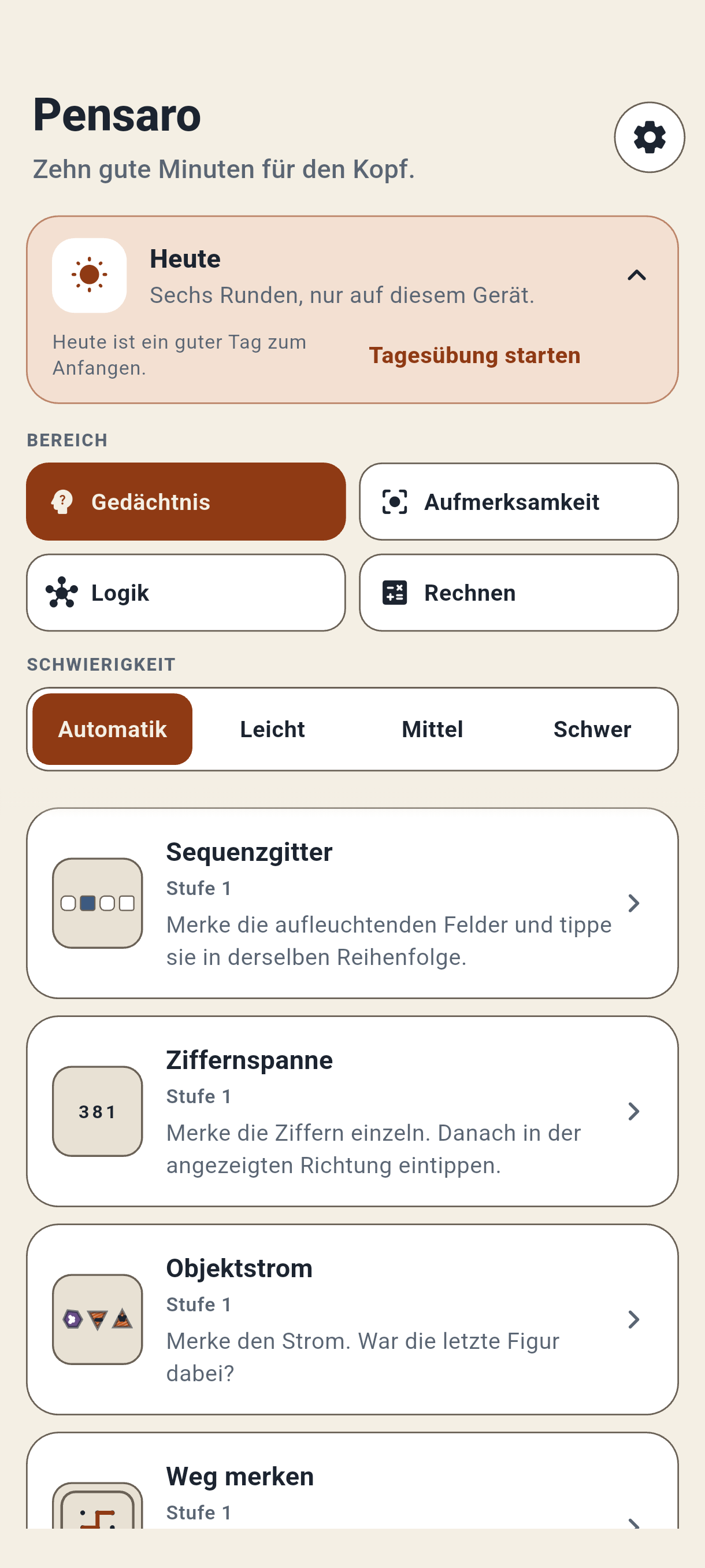Startseite der Denkspiel-App Pensaro