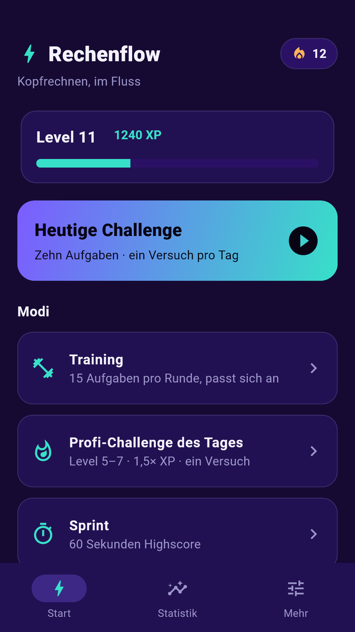 Startseite von Rechenflow mit Serie, Level und Modi
