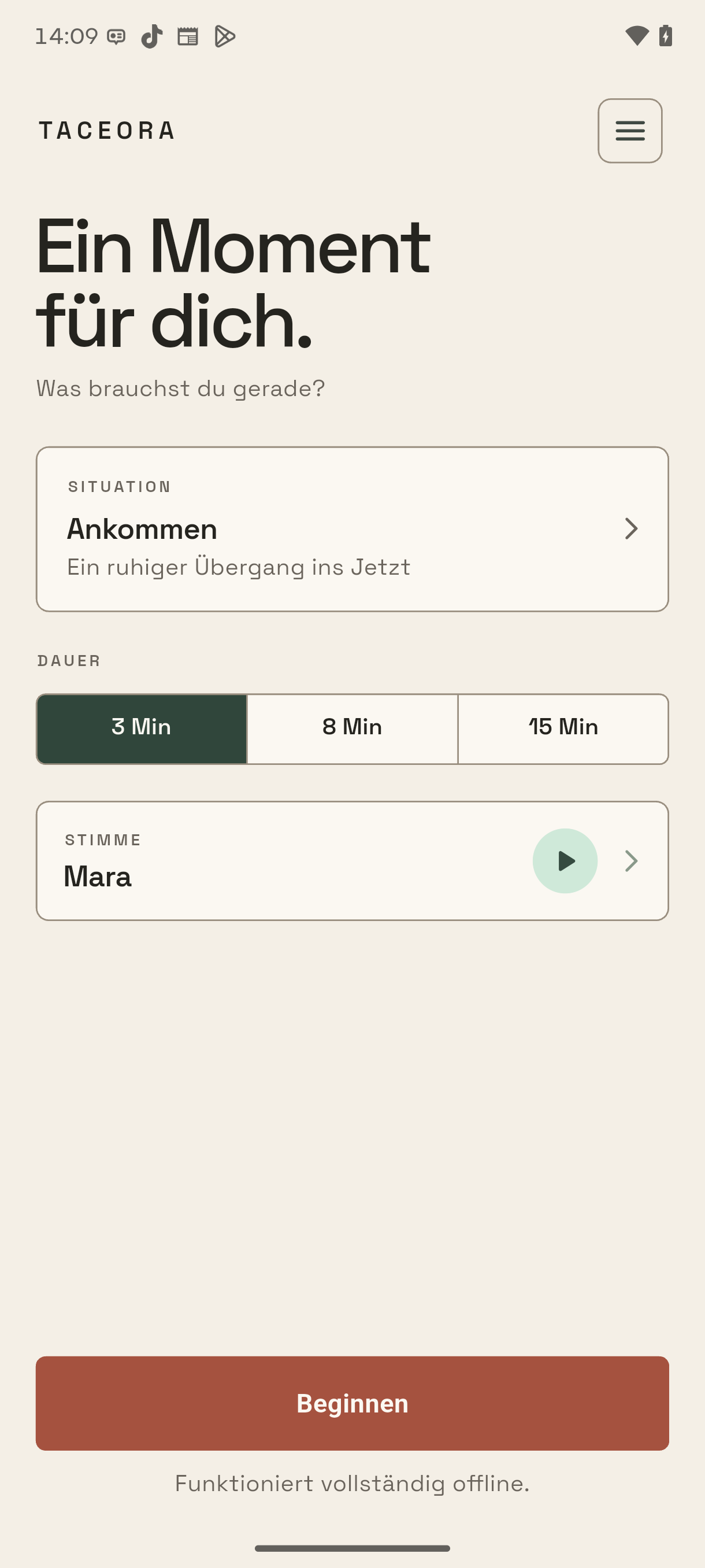Startbildschirm der Meditationsapp Taceora