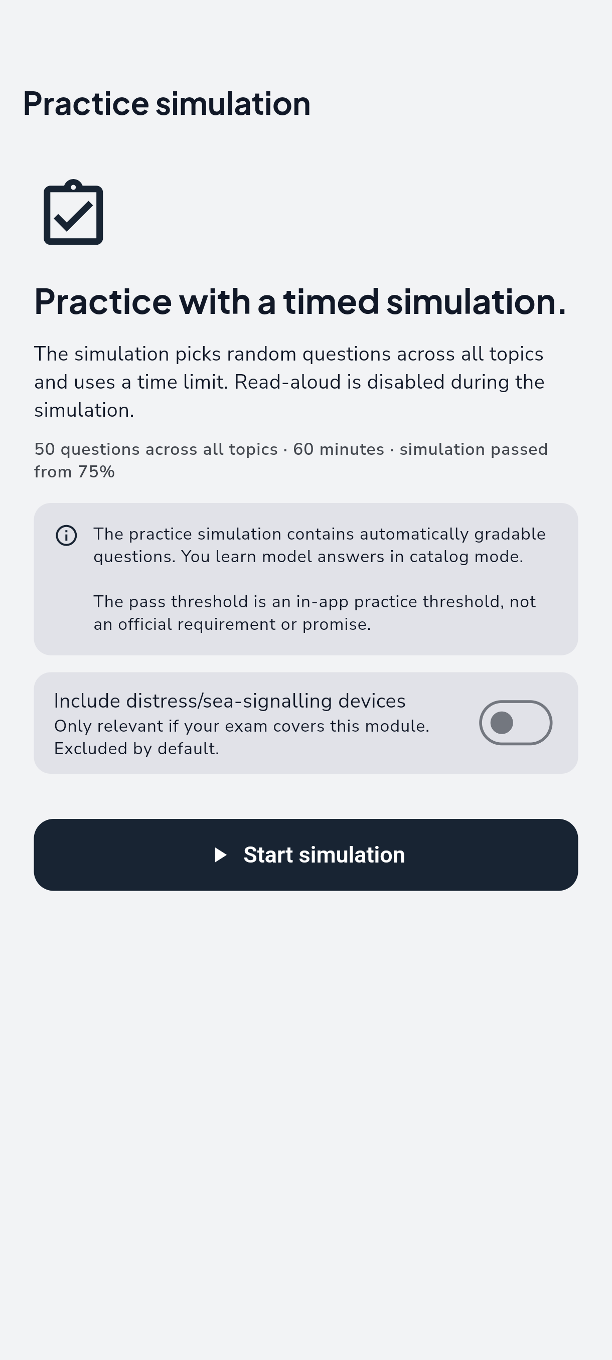 Practice the exam flow with a timer